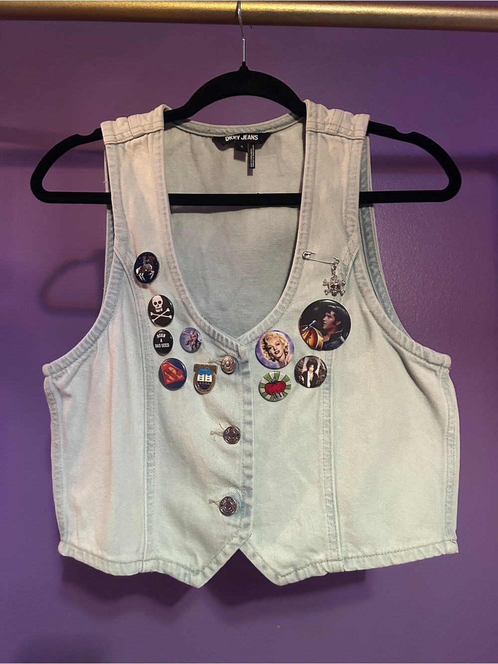 Dkny Light Blue Denim Vest with Button Front and Pin Accents